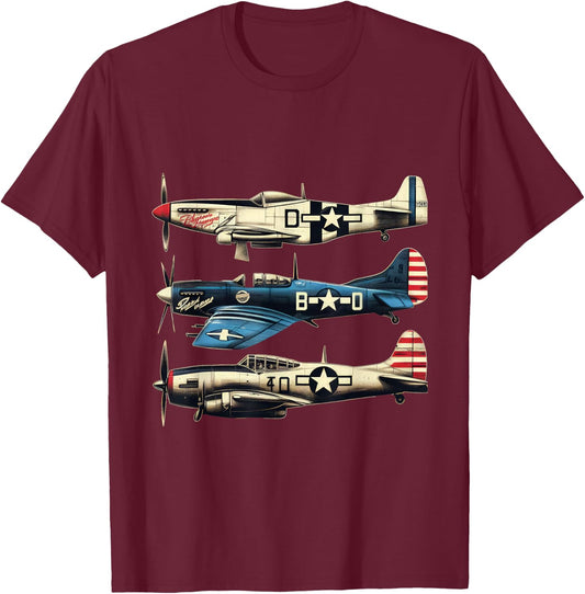 WW2 Warplanes B-17 P51 Mustang F4U Corsair Vintage T-Shirt - T-Shirt | Maroon