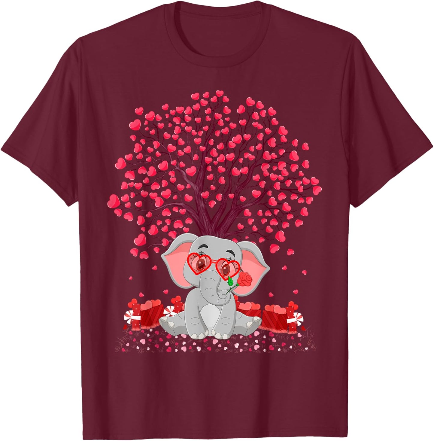 Elephant Lover Heart Tree Elephant Valentine's Day T-Shirt - T-Shirt | Maroon