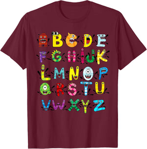 ABC Cute Monster Alphabet Halloween Teacher Costume Kids T-Shirt - T-Shirt | Maroon