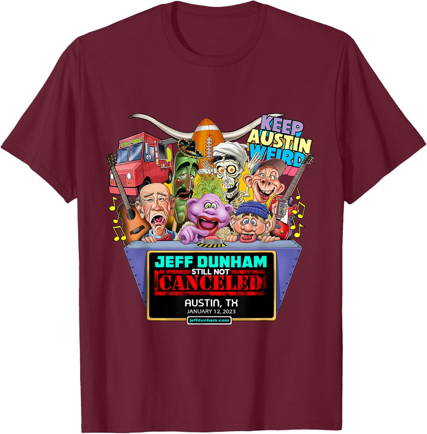 Jeff Dunham Austin, TX (2023) T-Shirt - T-Shirt | Maroon