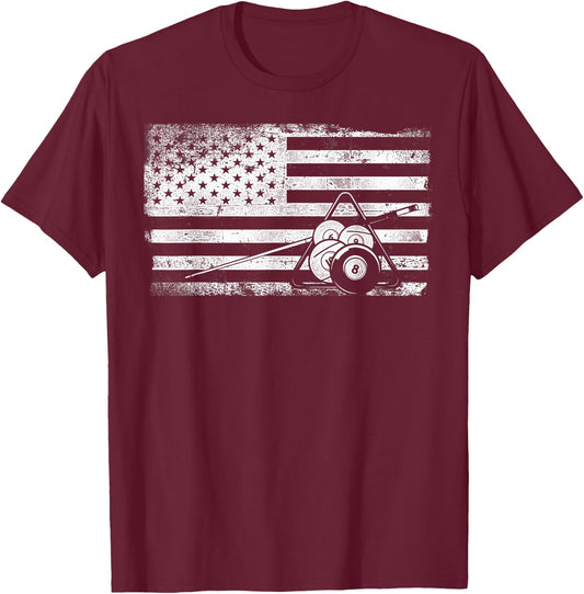 Billiards Pool Player Ball American Flag Vintage T-Shirt - T-Shirt | Maroon