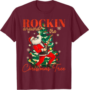 Rocking Around The Christmas Tree Santa Rock and Roll Guitar T-Shirt - T-Shirt | Maroon