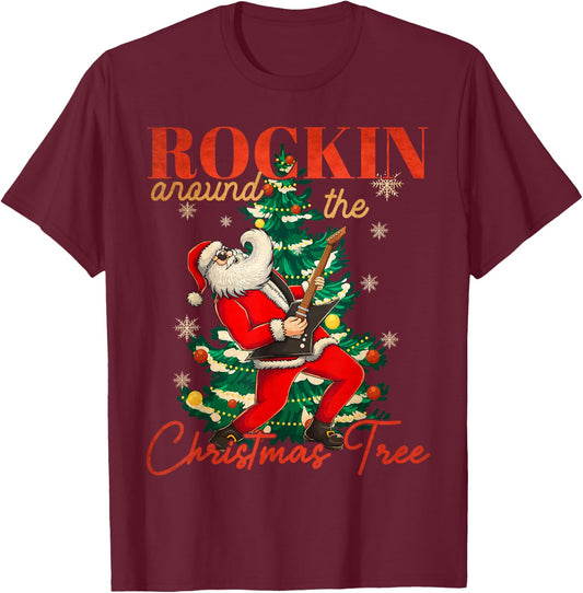 Rocking Around The Christmas Tree Santa Rock and Roll Guitar T-Shirt - T-Shirt | Maroon