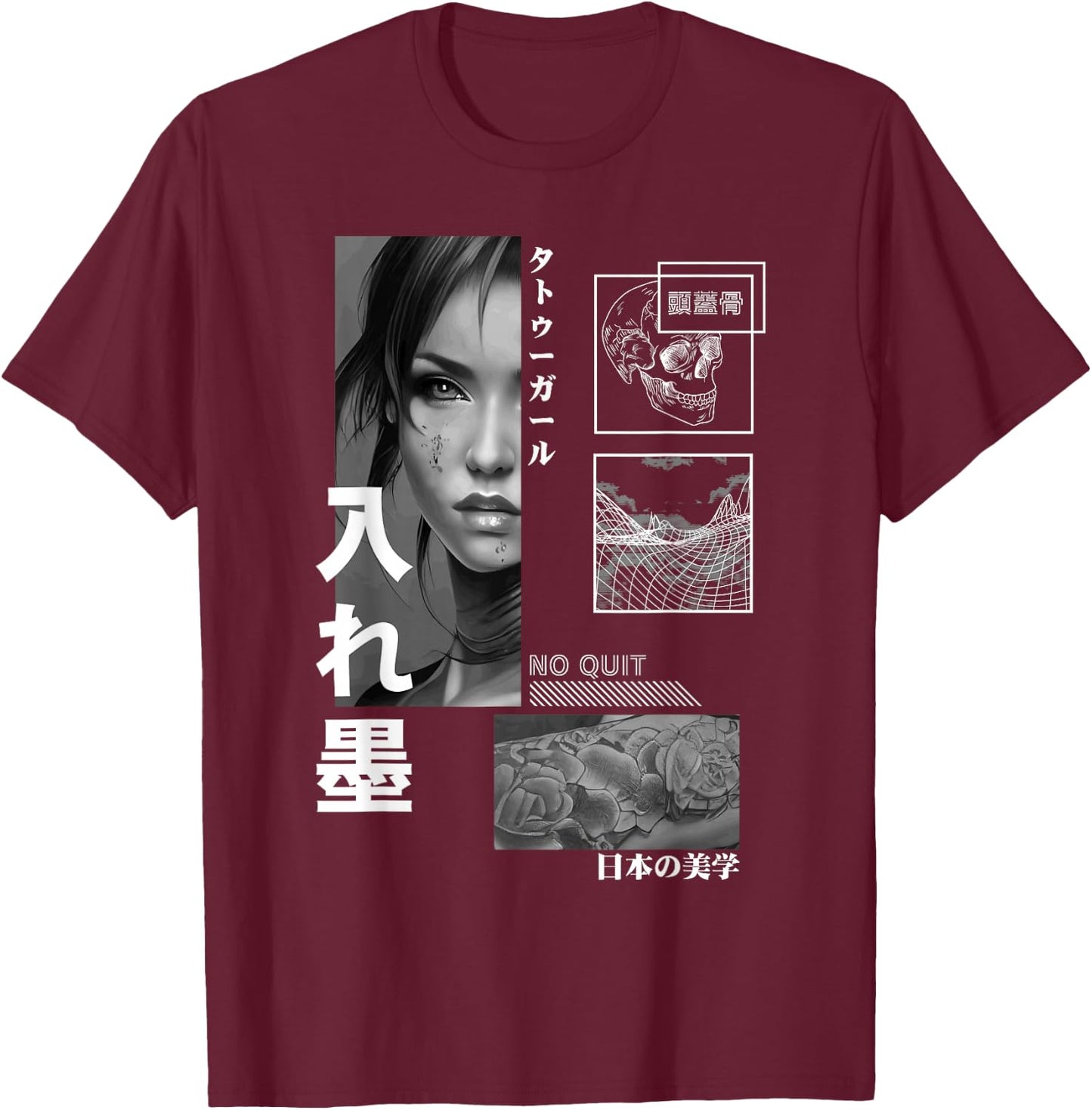 Japanese Aesthetic Girl Flower Tattoo Tokyo Streetwear T-Shirt - T-Shirt | Maroon