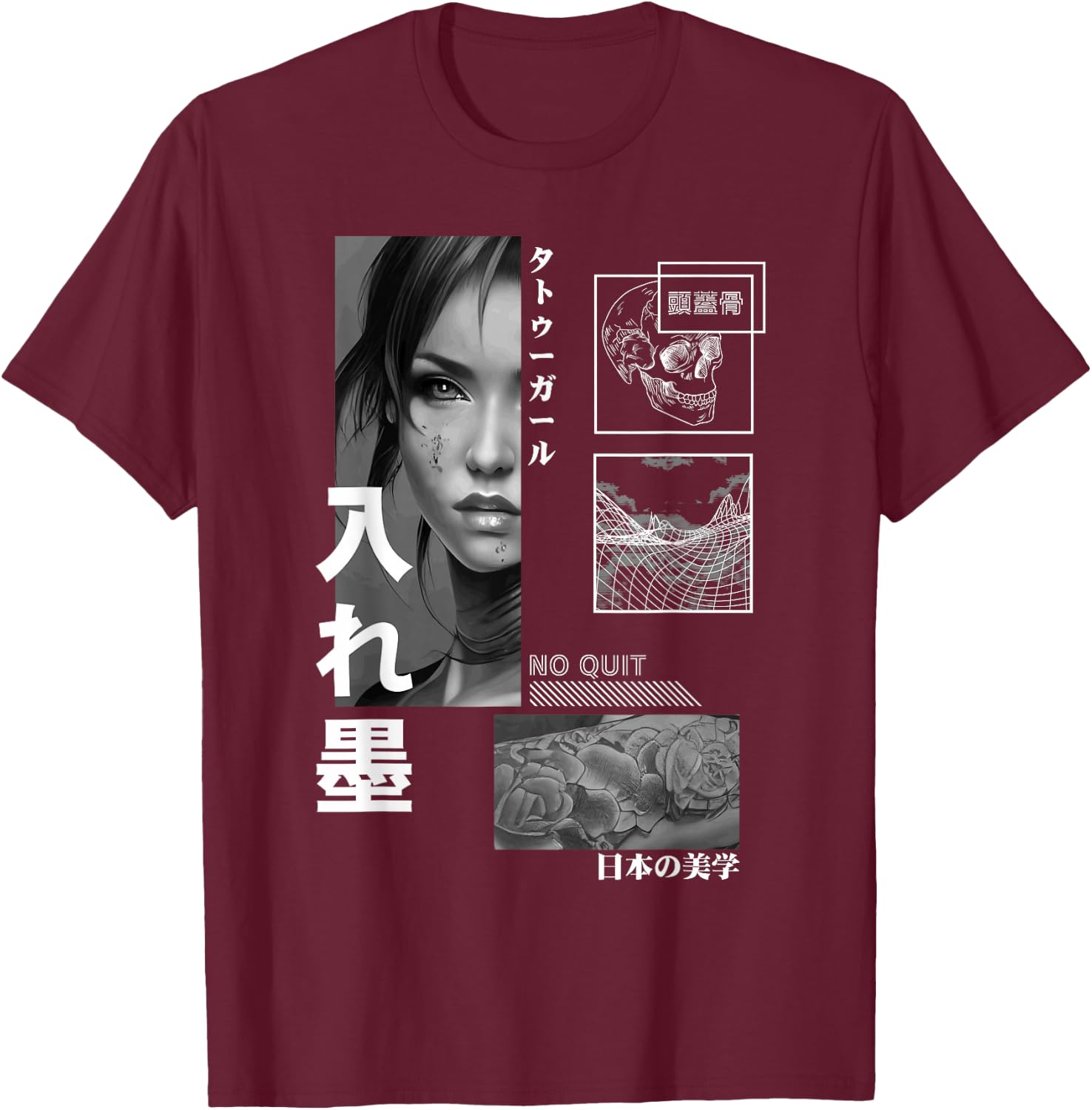 Japanese Aesthetic Girl Flower Tattoo Tokyo Streetwear T-Shirt - T-Shirt | Maroon