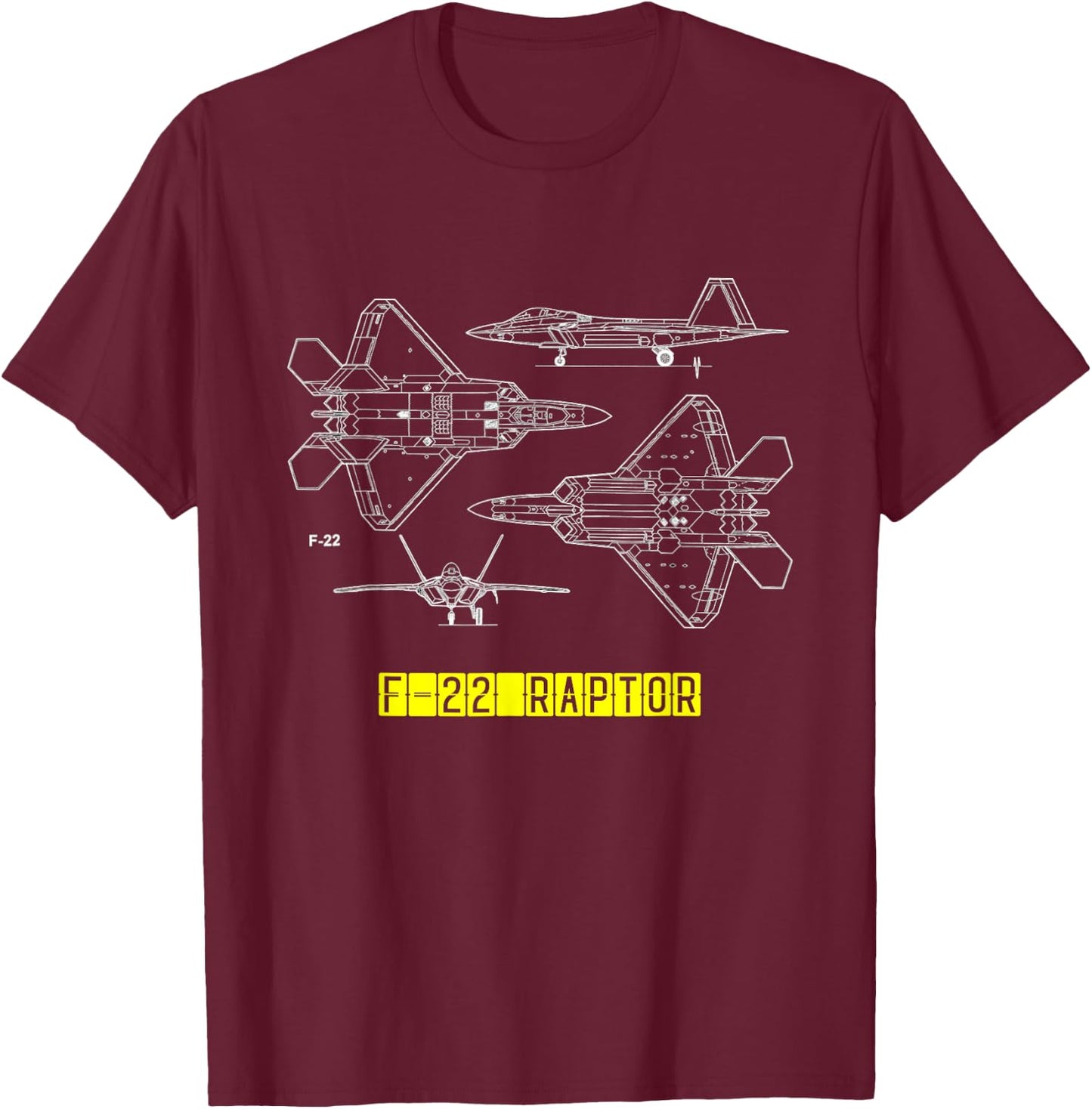 F-22 Raptor Fighter Aircraft Air Force Blueprint Design T-Shirt - T-Shirt | Maroon