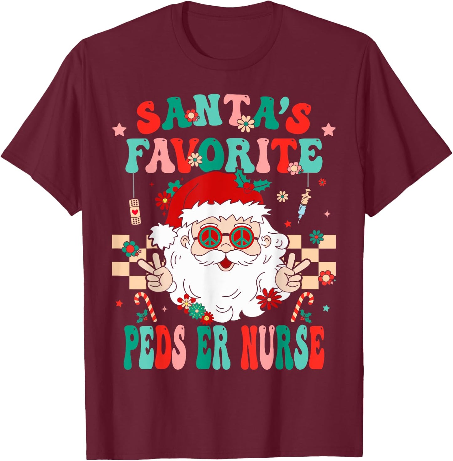 Santa Favorite Peds ER Nurse Retro Groovy Nurse Christmas T-Shirt - T-Shirt | Maroon