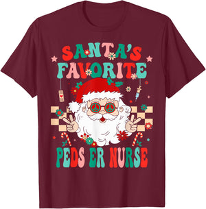 Santa Favorite Peds ER Nurse Retro Groovy Nurse Christmas T-Shirt - T-Shirt | Maroon