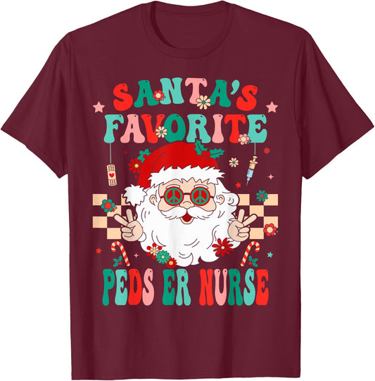 Santa Favorite Peds ER Nurse Retro Groovy Nurse Christmas T-Shirt - T-Shirt | Maroon
