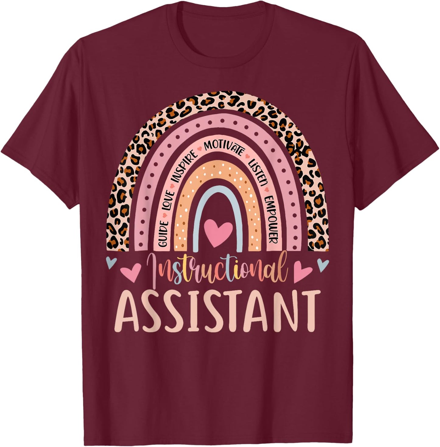 Instructional Assistant Rainbow Leopard Print School Worker T-Shirt - T-Shirt | Maroon
