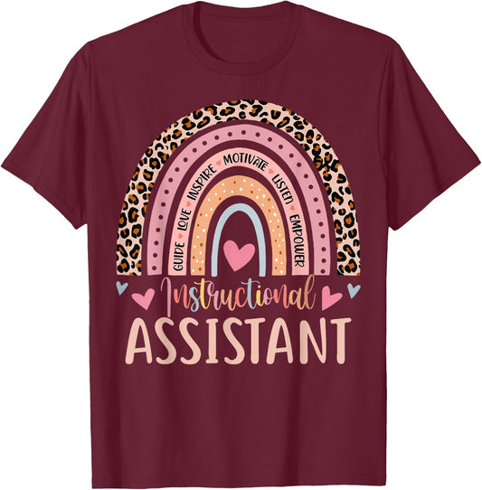 Instructional Assistant Rainbow Leopard Print School Worker T-Shirt - T-Shirt | Maroon
