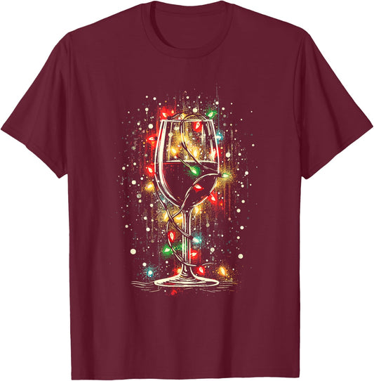 Glass Of Wine With Christmas Lights - Vintage Xmas Lover T-Shirt - T-Shirt | Maroon