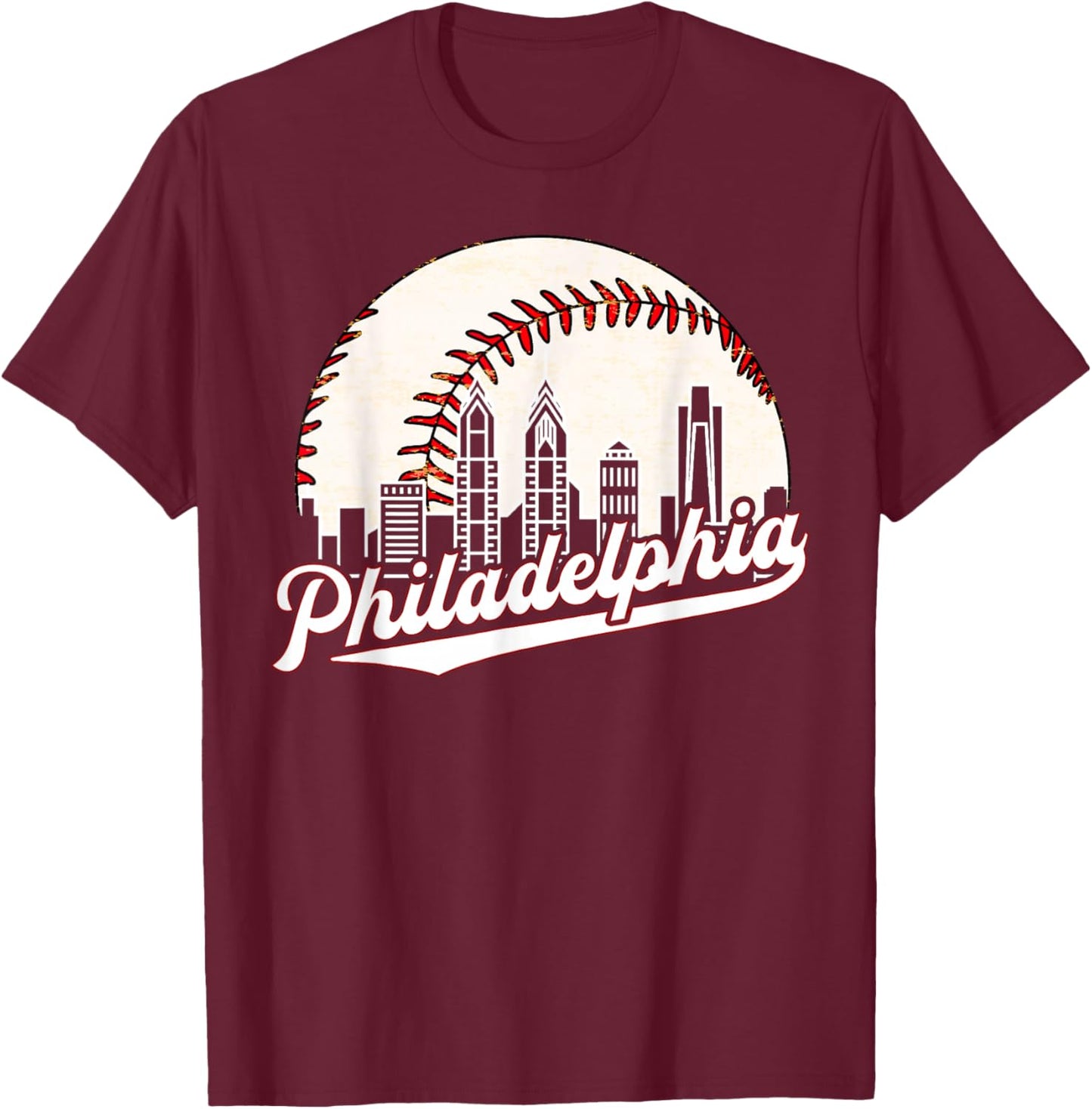 Vintage Philadelphia Philly Cityscape Baseball Skyline Retro T-Shirt - T-Shirt | Maroon
