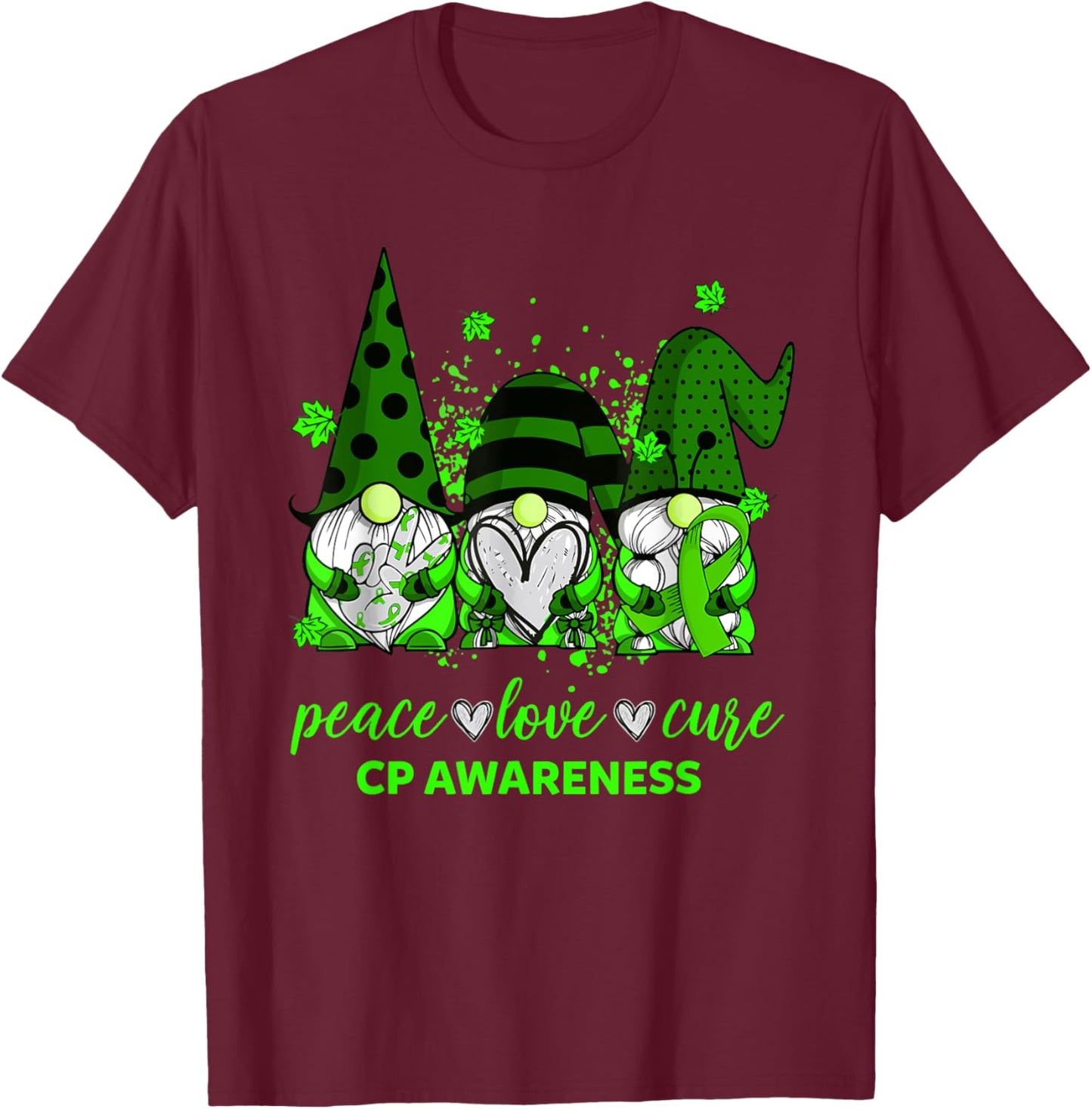 Peace Love Cure Three Gnomes Cerebral Palsy CP Awareness T-Shirt - T-Shirt | Maroon