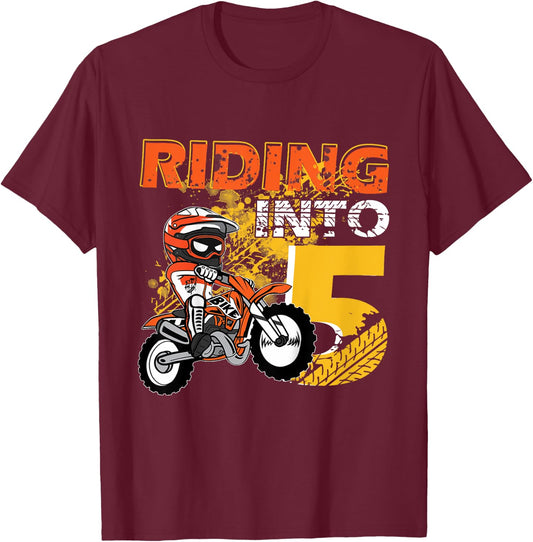 Kids Riding Into 5 Years Old Dirt Biker 5th Birthday Boys Kids T-Shirt - T-Shirt | Maroon