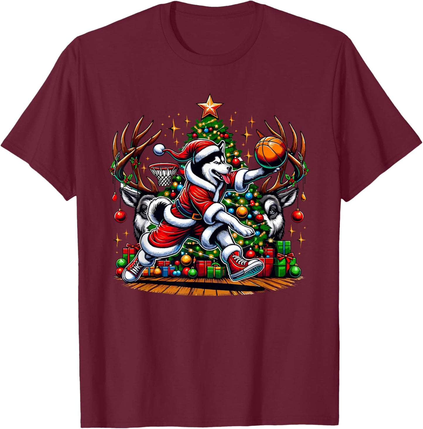 Funny Santa Siberian Husky Dog Play Basketball Christmas T-Shirt - T-Shirt | Maroon