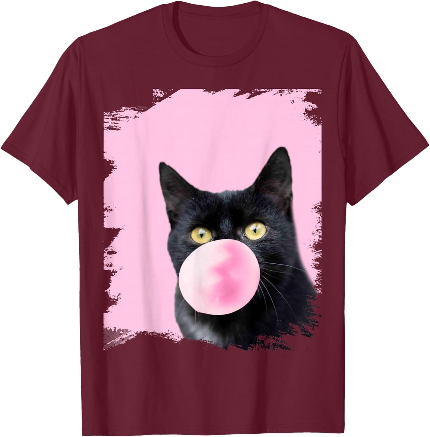 Black Cat Pink Bubble Gum T-Shirt - T-Shirt | Maroon
