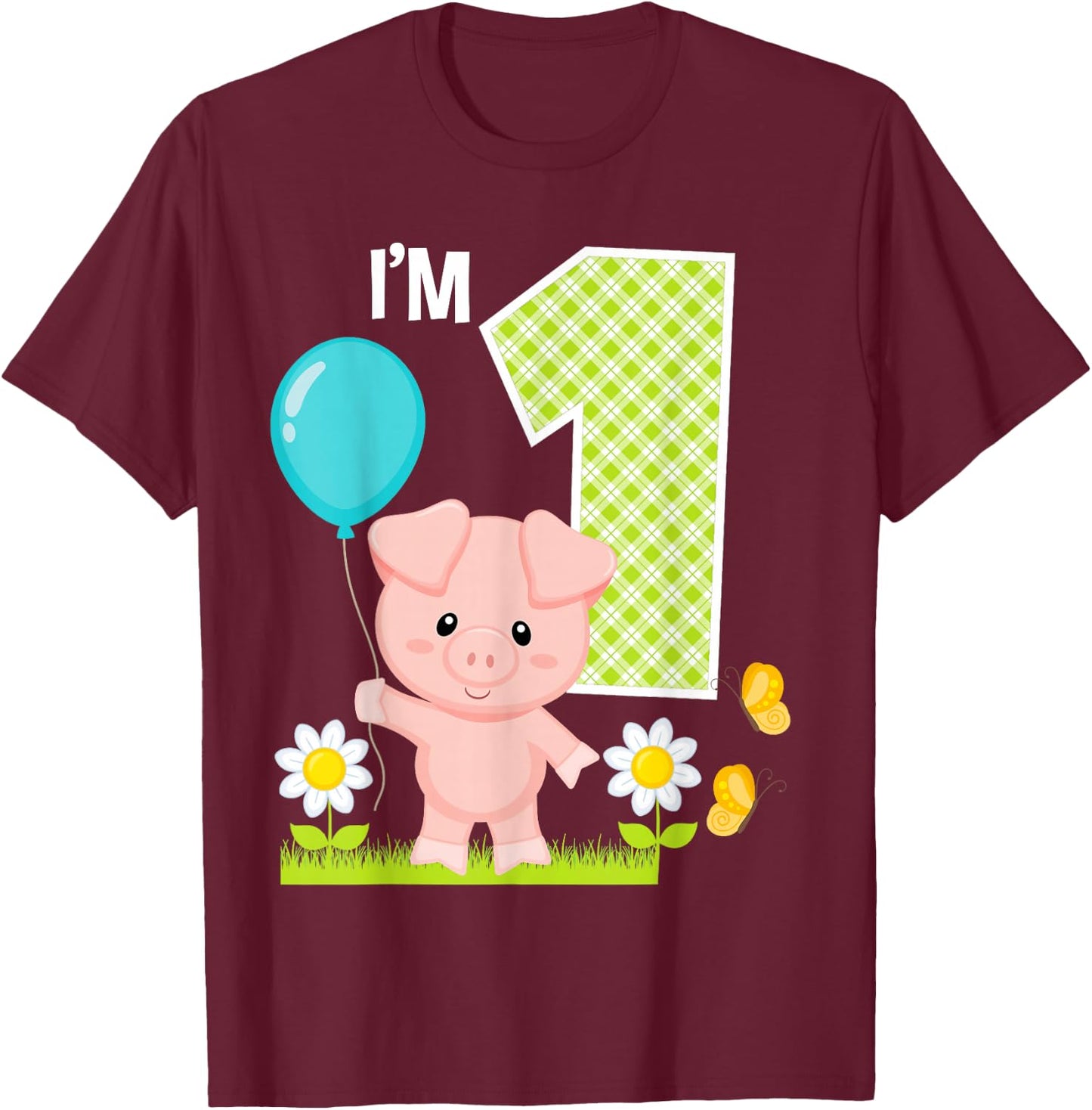 Pig 1st Birthday Girl 1 Year Old Birthday Cute Piglet Bday T-Shirt - T-Shirt | Maroon