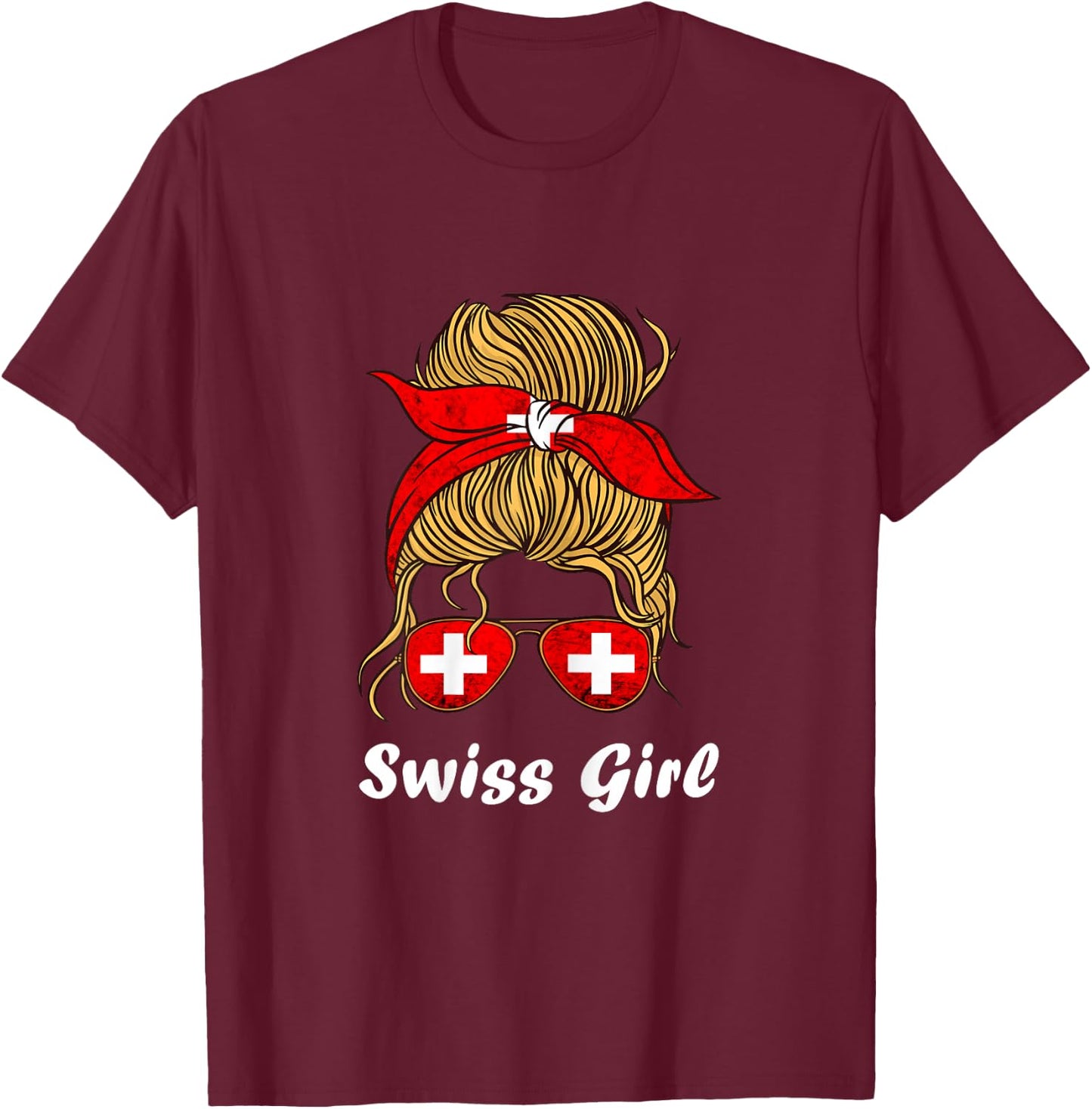 Swiss Girl Woman Sunglass Swiss Pride Swiss Flag Switzerland T-Shirt - T-Shirt | Maroon