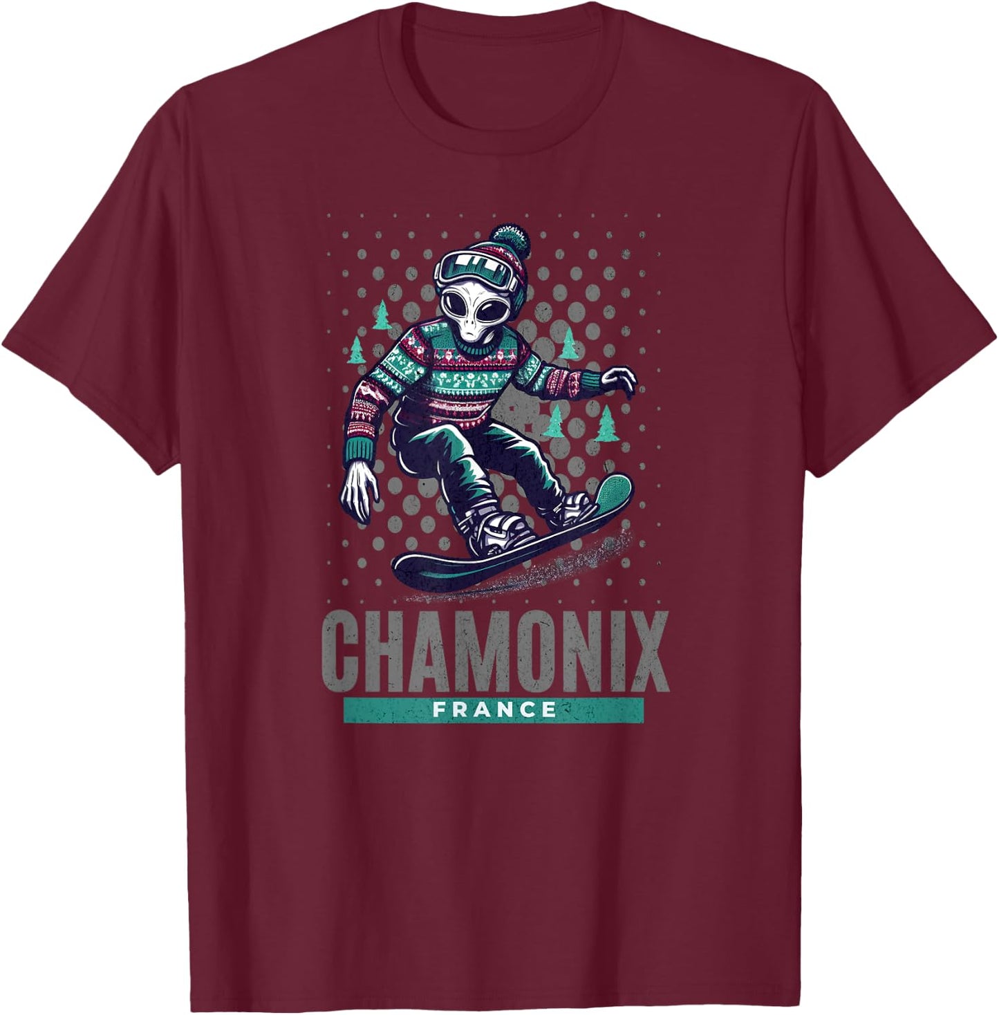 Cosmic Thrills - Alien Snowboarding in Chamonix France T-Shirt - T-Shirt | Maroon