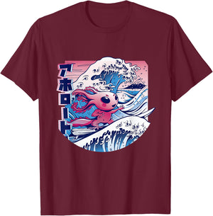 Axolotl is Surfing Japanese Great Wave Axolotl Anime Kawaii T-Shirt - T-Shirt | Maroon