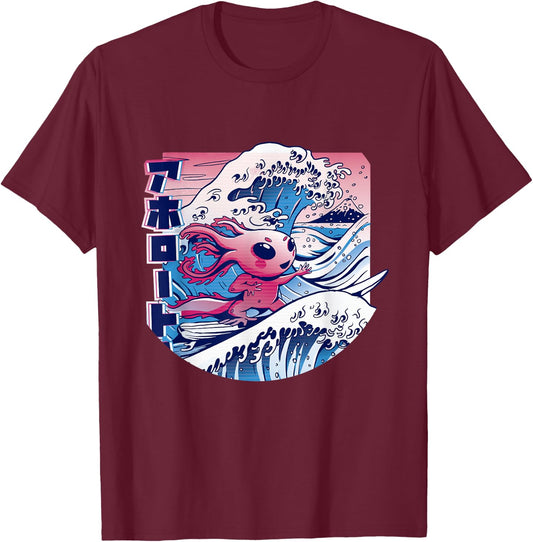 Axolotl is Surfing Japanese Great Wave Axolotl Anime Kawaii T-Shirt - T-Shirt | Maroon
