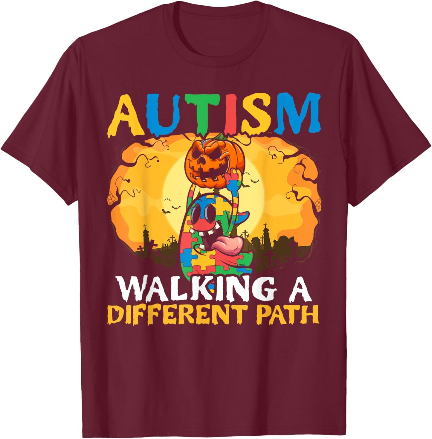 Autism Halloween Puzzle Trick Or Treat Autism Awareness T-Shirt - T-Shirt | Maroon