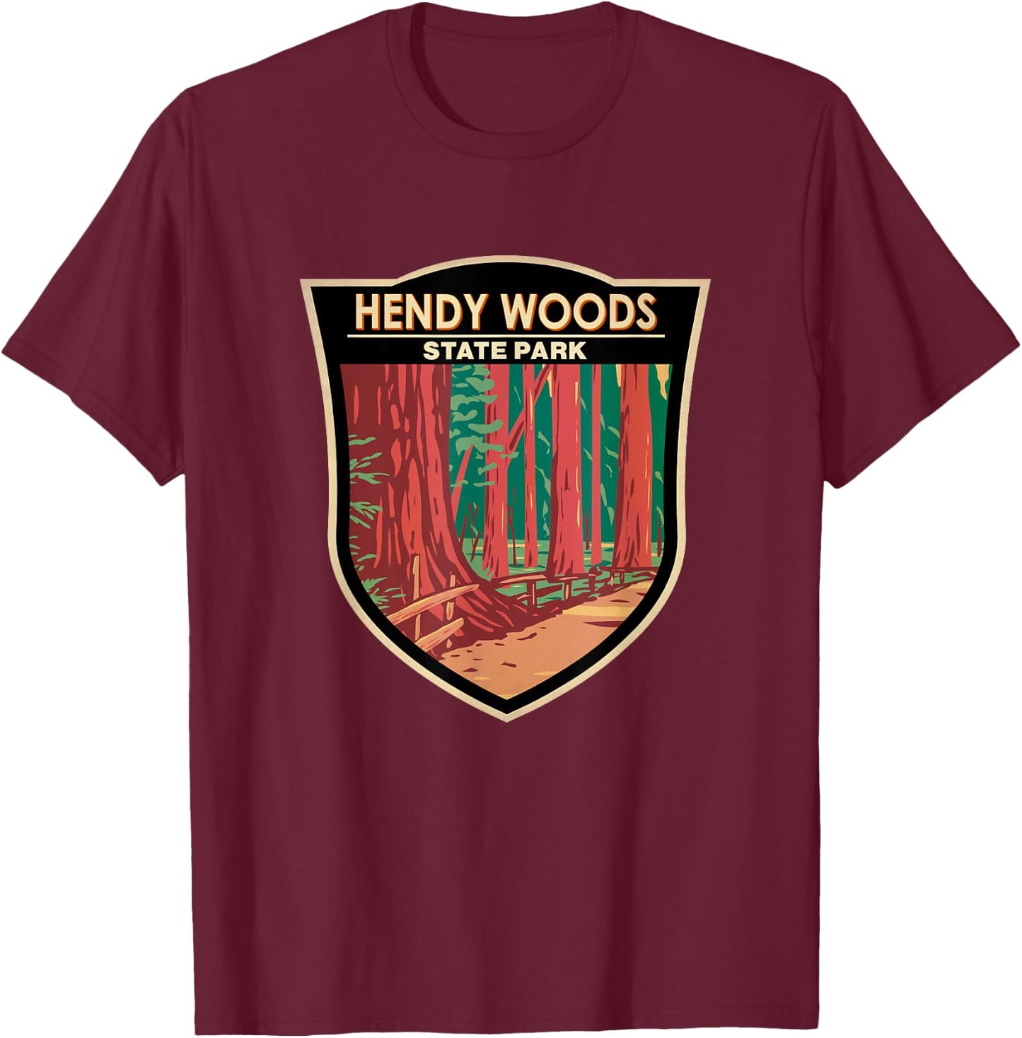 Hendy Woods State Park California Badge Vintage T-Shirt - T-Shirt | Maroon