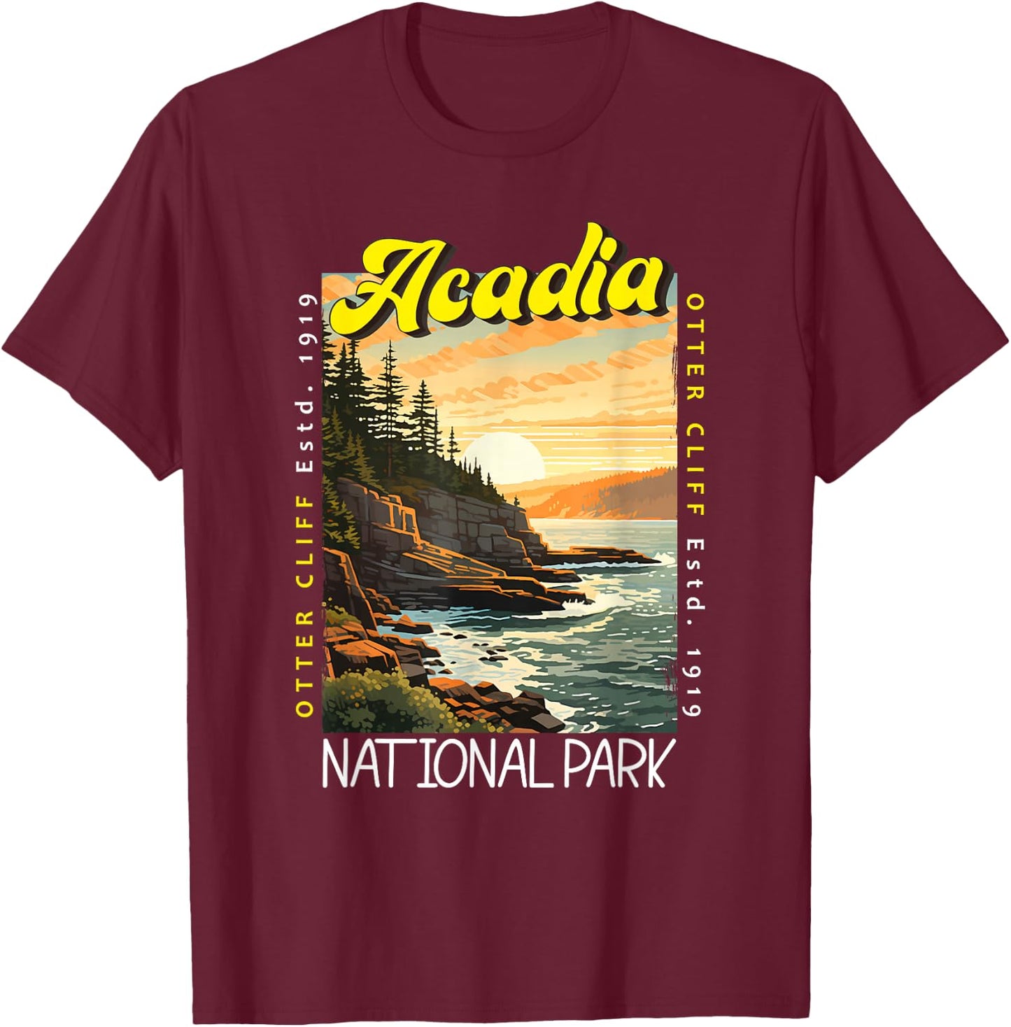 Acadia National Park Otter Cliff Maine Distressed Vintage T-Shirt - T-Shirt | Maroon