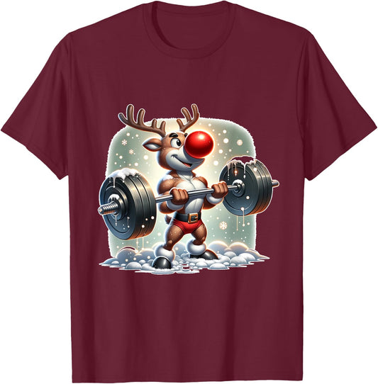 Rudolph The Red Nose Reindeer Workout Gym Weightlifter Funny T-Shirt - T-Shirt | Maroon