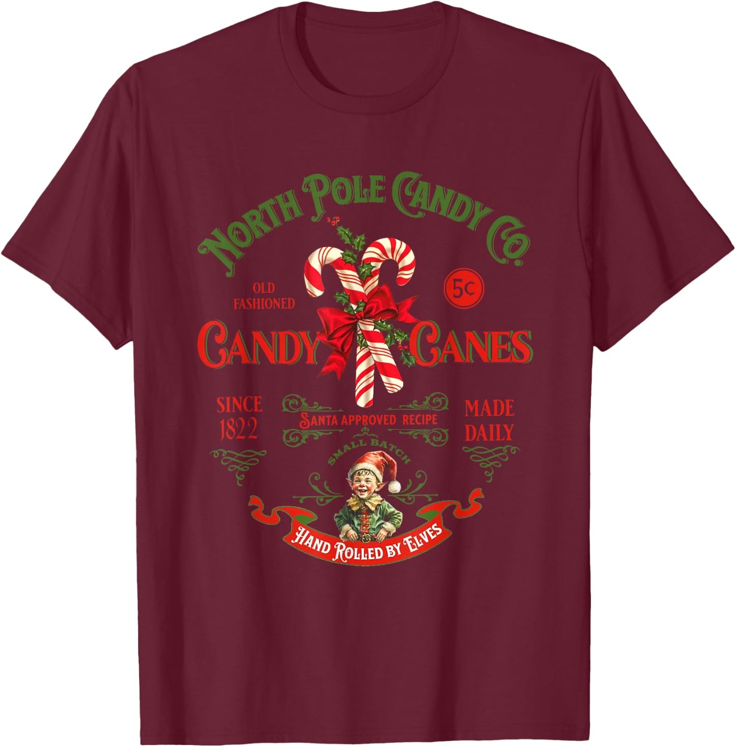 Vintage North Pole Candy CO. Candy Canes Funny Christmas T-Shirt - T-Shirt | Maroon
