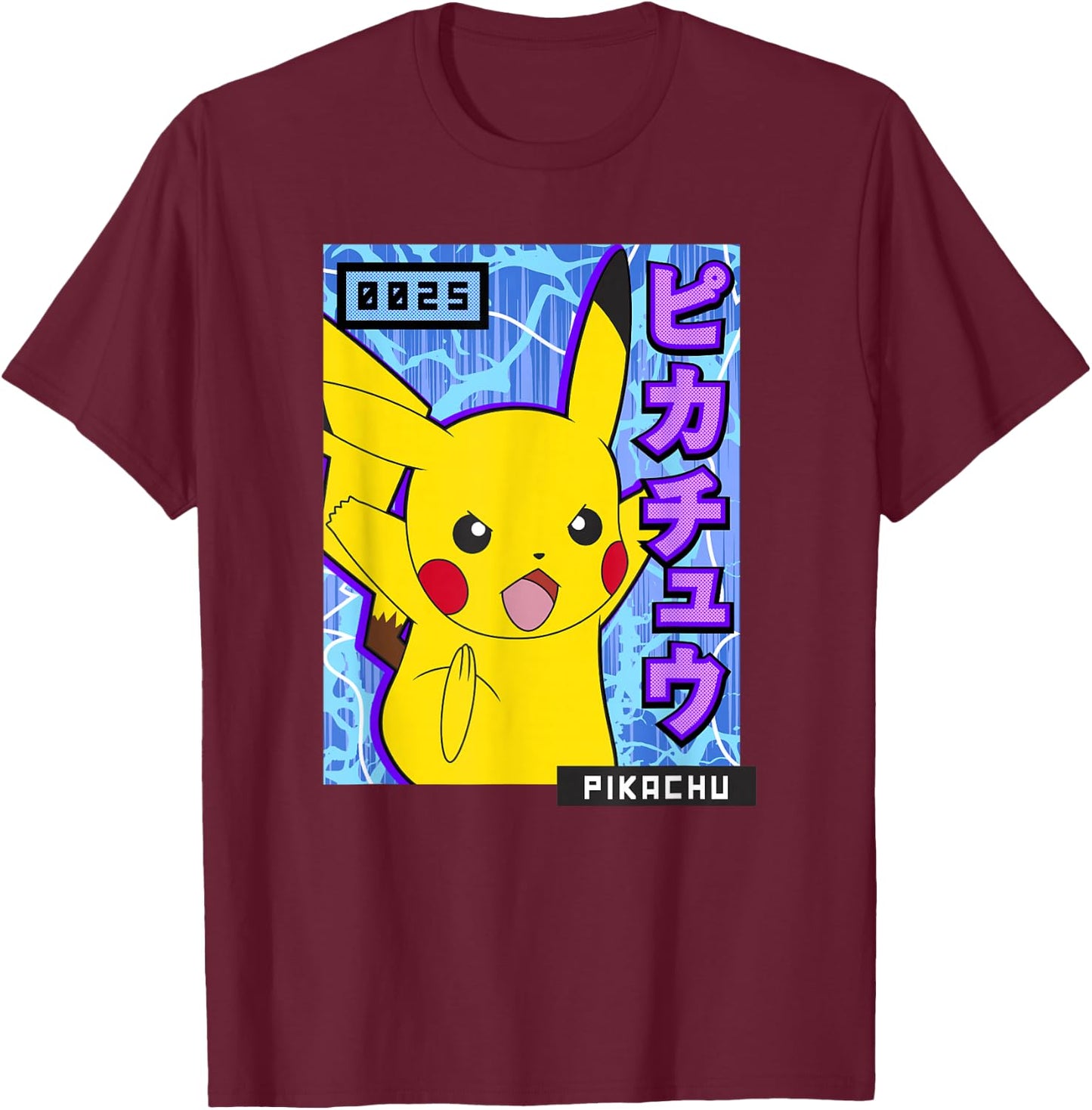 Pokémon 0025 Pikachu Kanji Electric Action Poster T-Shirt - T-Shirt | Maroon