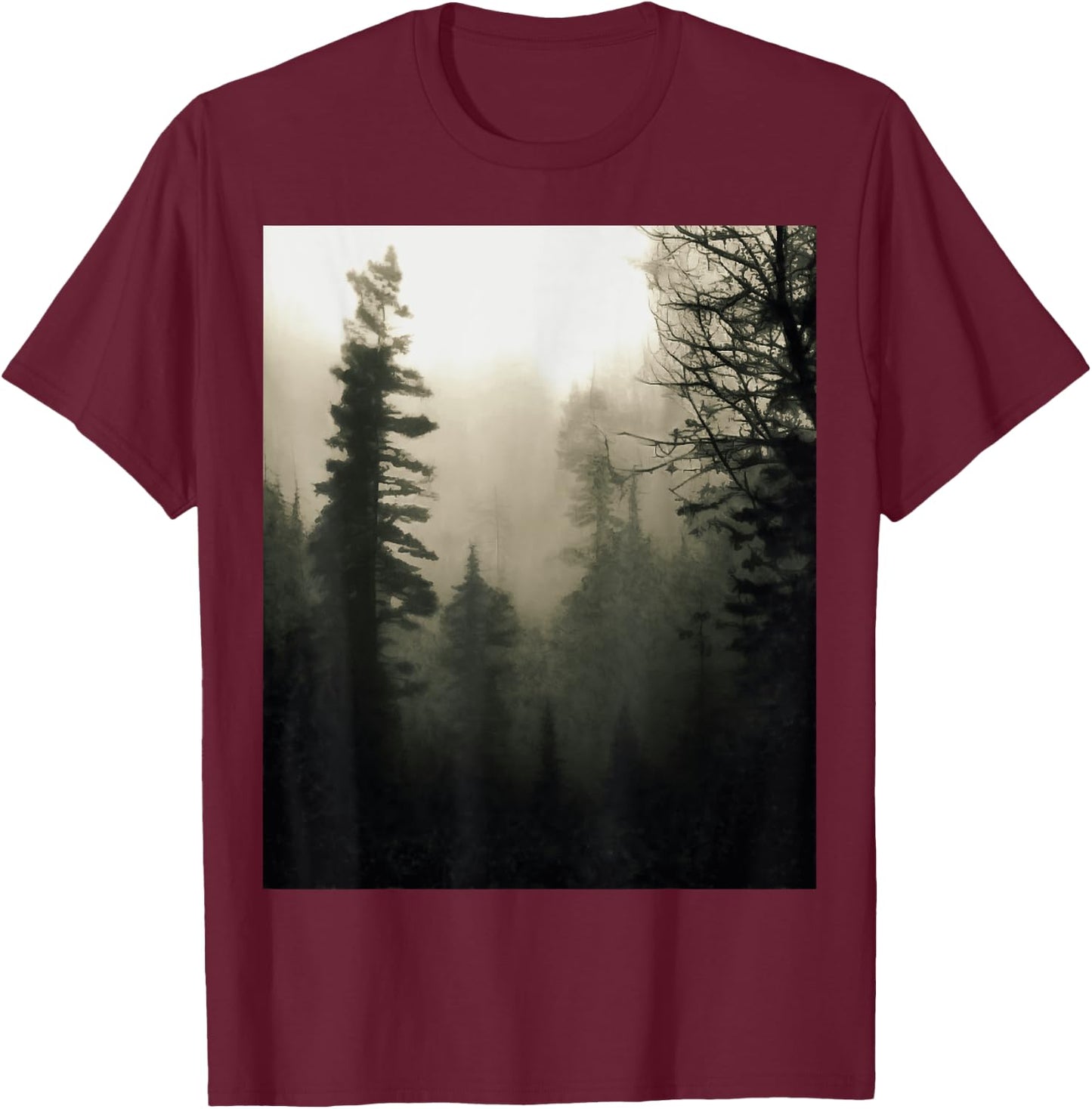 Moody Foggy Treescape Landscape Painting T-Shirt - T-Shirt | Maroon