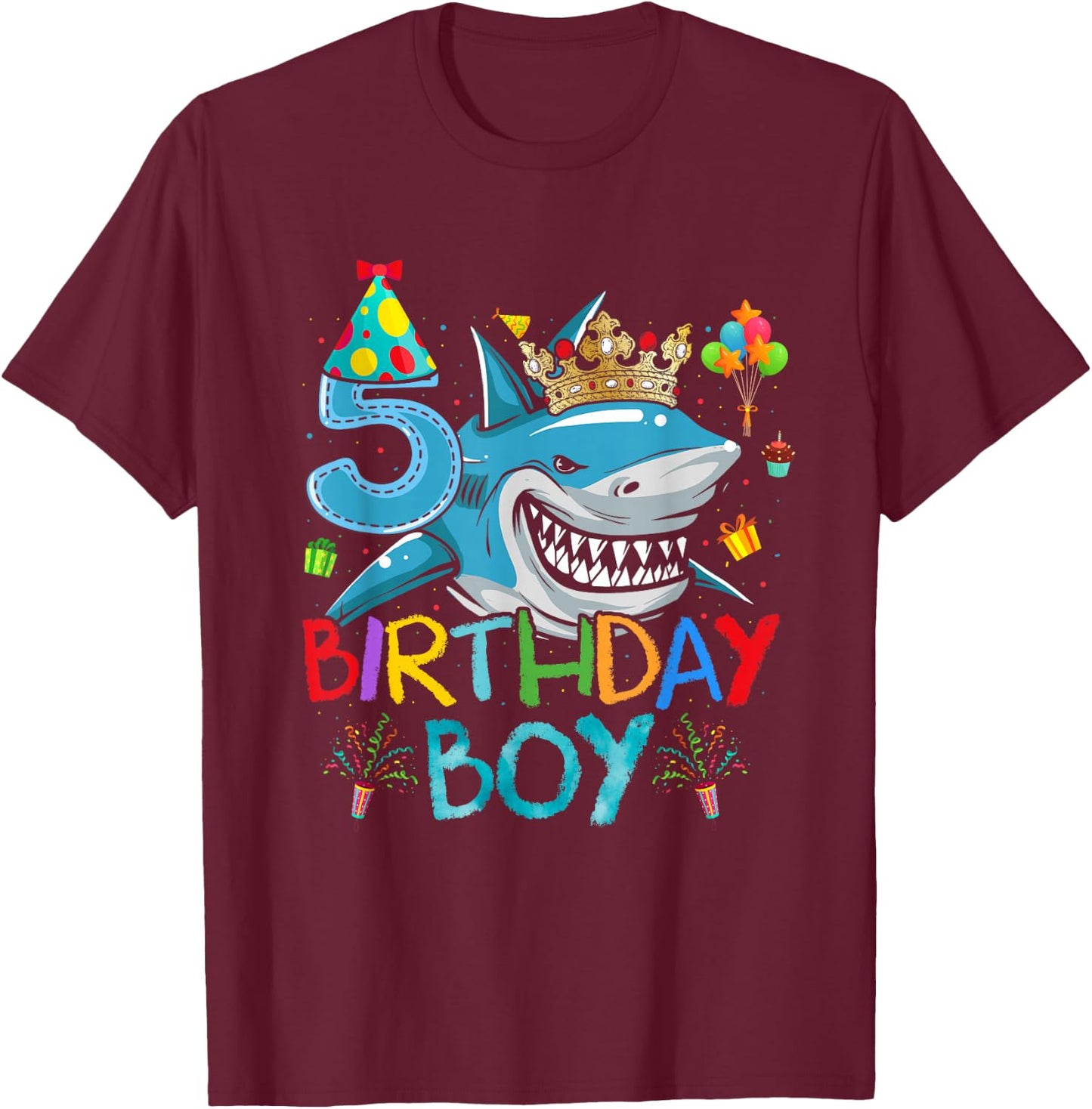 5th Birthday Shark Ocean Theme Party 5 Years Old For Boy T-Shirt - T-Shirt | Maroon