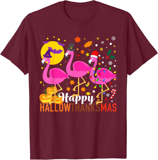 Flamingo Halloween Thanksgiving Christmas HallowThanksMas T-Shirt - T-Shirt | Maroon