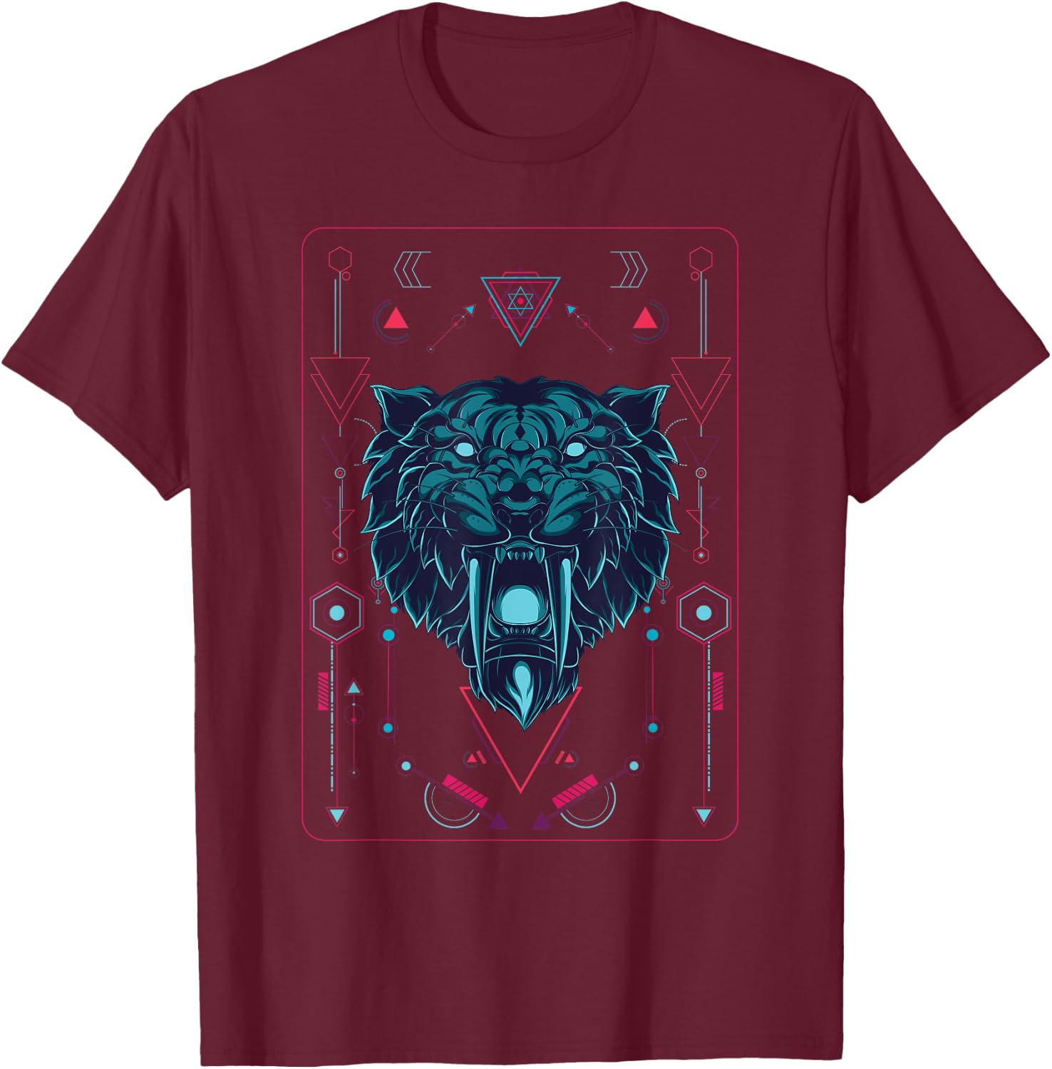 Native American geometric animal sabertooth tiger T-Shirt - T-Shirt | Maroon