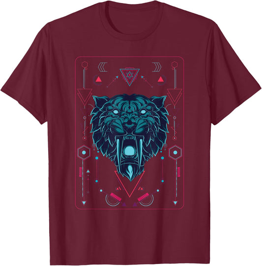 Native American geometric animal sabertooth tiger T-Shirt - T-Shirt | Maroon