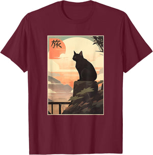 Vintage Japanese Scenery Kanji Writing Journey Black Cat T-Shirt - T-Shirt | Maroon