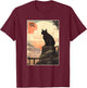 Vintage Japanese Scenery Kanji Writing Journey Black Cat T-Shirt - T-Shirt | Maroon