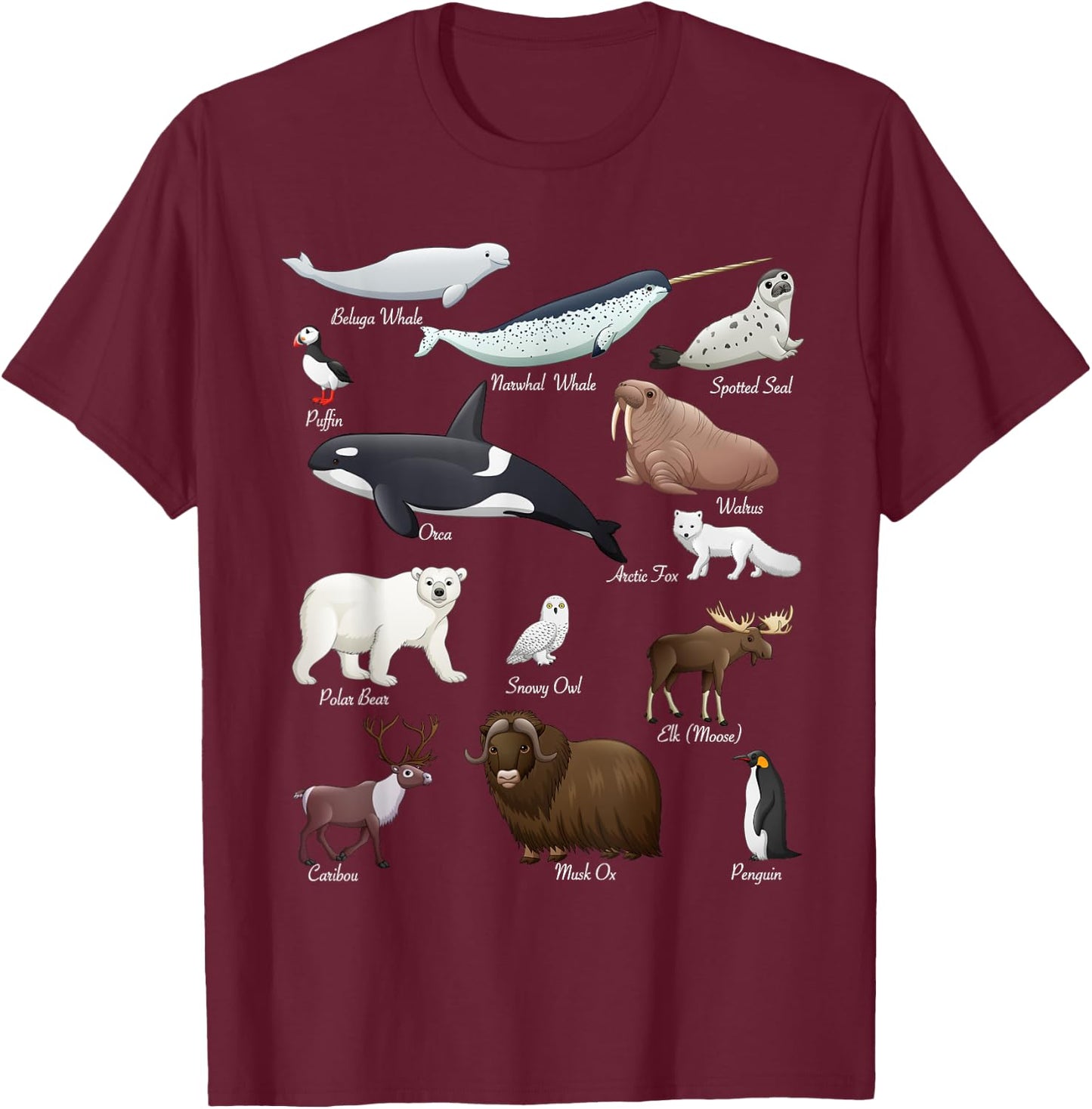 Arctic Wildlife Tundra Ecosystem Animal Names For Education T-Shirt - T-Shirt | Maroon