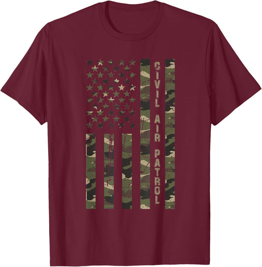Civil Air Patrol United States Distressed Camo w US Flag T-Shirt - T-Shirt | Maroon