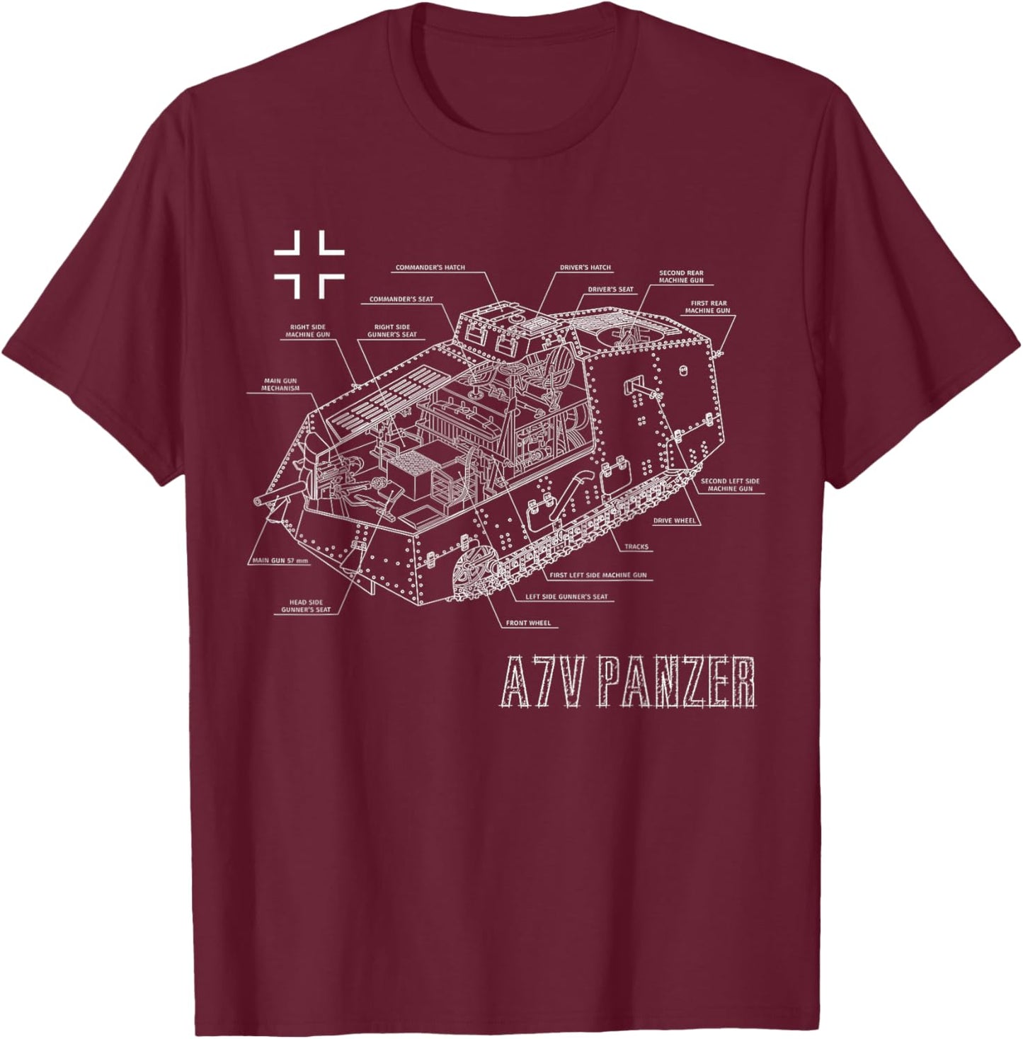 World War 1 German Tank A7V Blueprint T-Shirt - T-Shirt | Maroon