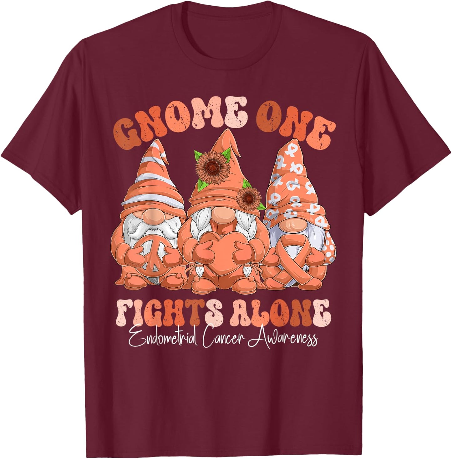 Endometrial Cancer Awareness Month Peach Ribbon Gnomies T-Shirt - T-Shirt | Maroon