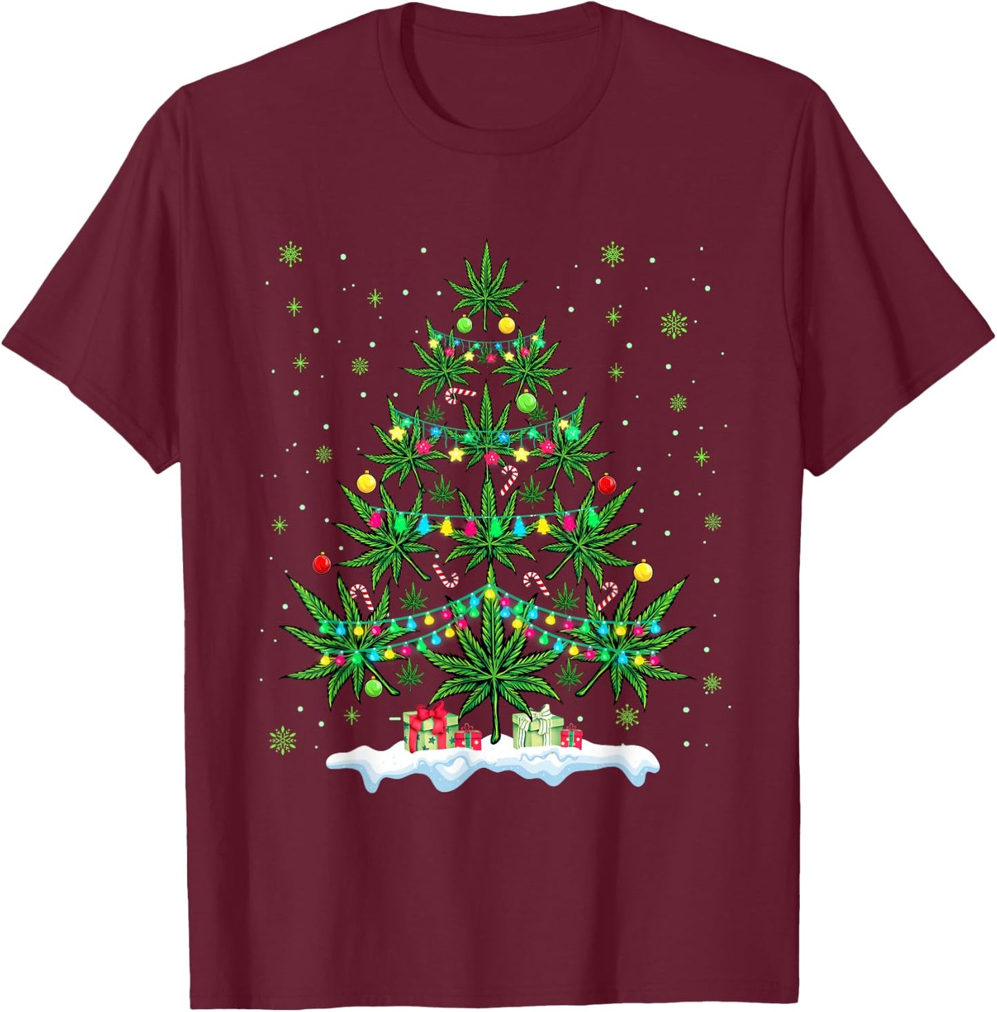 Cannabis Christmas Tree Xmas Funny Smoking Weed Marijuana T-Shirt - T-Shirt | Maroon