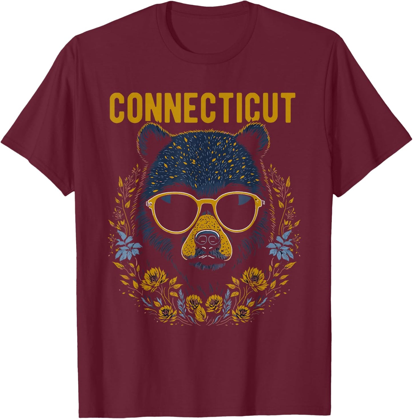 Connecticut USA Bear Wearing Glasses Design T-Shirt - T-Shirt | Maroon