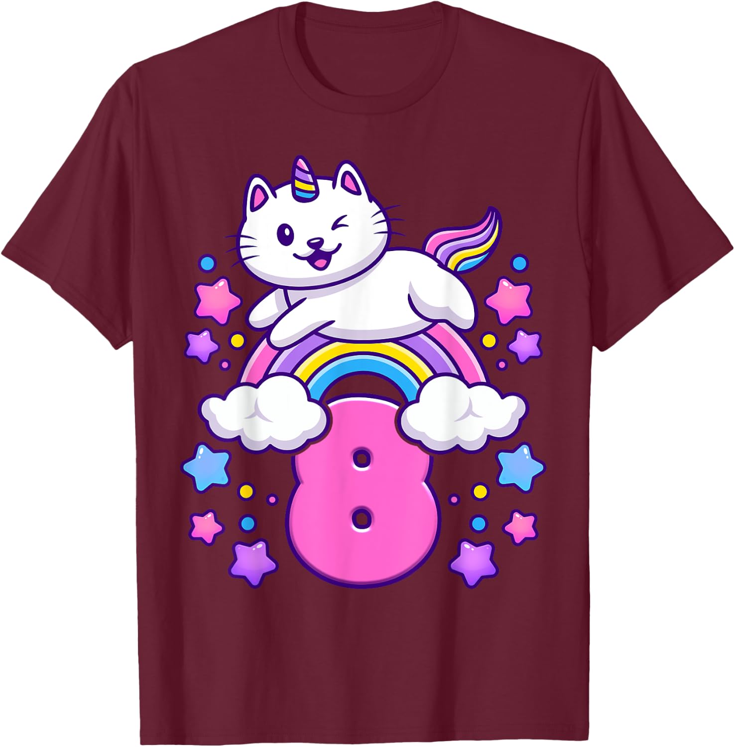 Birthday girl 8 years old, cat, unicorn, 8th birthday T-Shirt - T-Shirt | Maroon