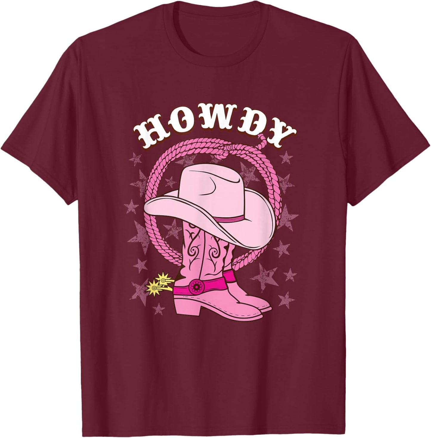 Howdy Pink Cowboy Hat Boots Country Western Rodeo T-Shirt - T-Shirt | Maroon