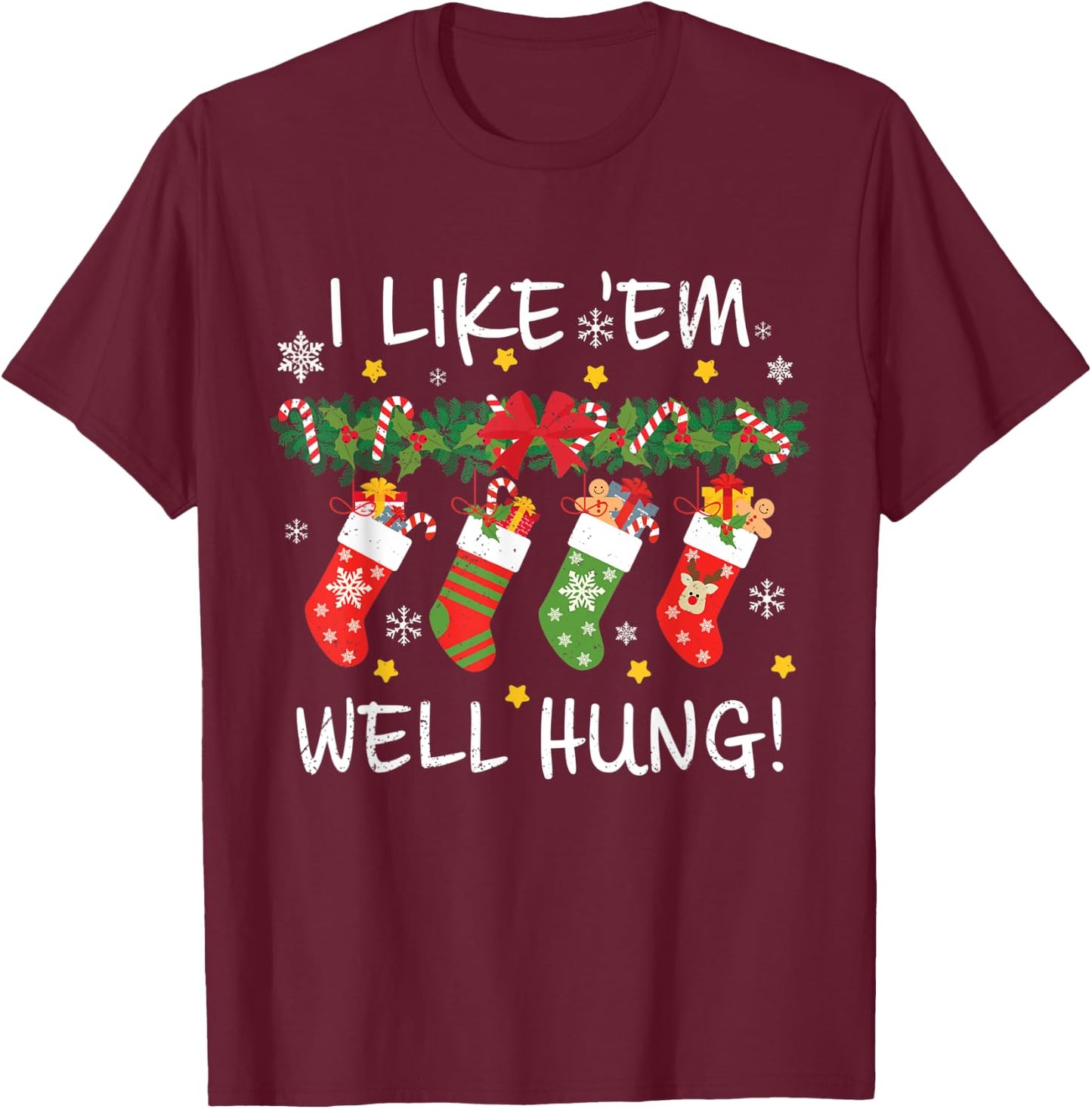 VIMP36 Christmas I Like 'Em Well-Hung Funny Christmas - Women's Adults Black Cotton 80% Polyester 20% Short Sleeve Classic Fit - Small T-Shirt - T-Shirt | Maroon