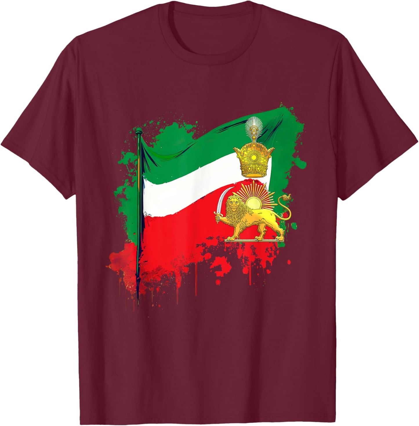 Irans Flag with Pahlavi Crown shir va khorshyid T-Shirt - T-Shirt | Maroon