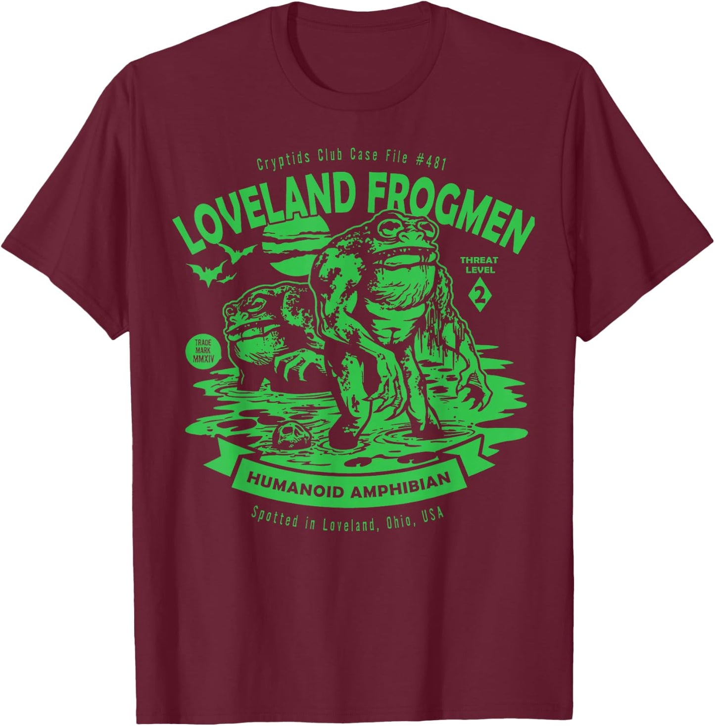 Loveland Frogmen Humanoid Amphibian Crypid Club Frog Monster T-Shirt - T-Shirt | Maroon